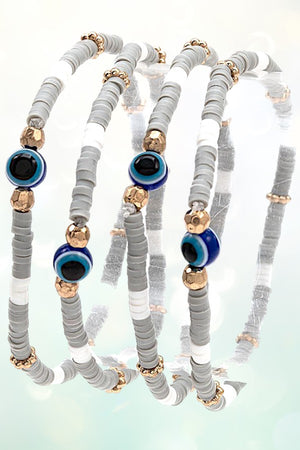 EVIL EYE STATIONED DISK BEAD STRETCH BRACELET SET