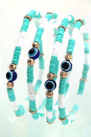 EVIL EYE STATIONED DISK BEAD STRETCH BRACELET SET