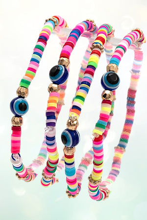 EVIL EYE STATIONED DISK BEAD STRETCH BRACELET SET