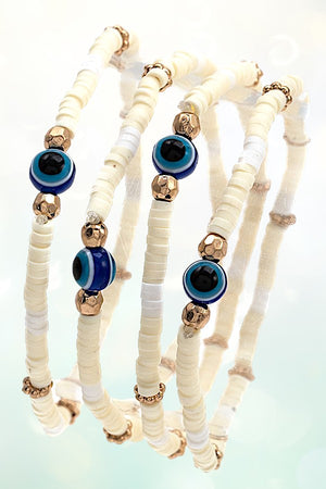 EVIL EYE STATIONED DISK BEAD STRETCH BRACELET SET