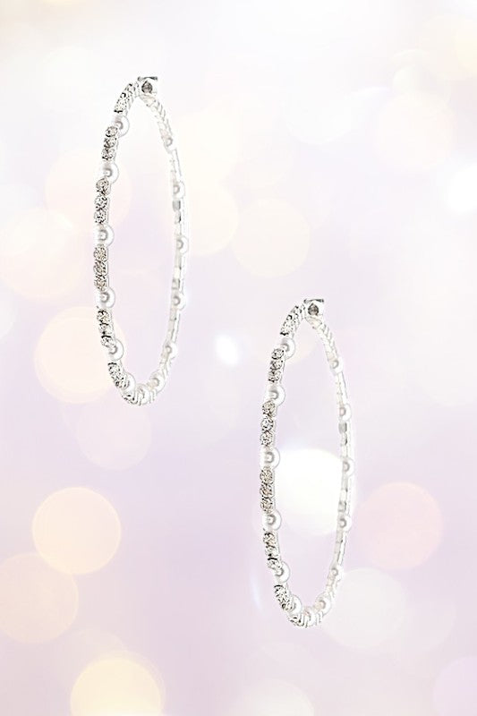 PEARL STATION RHINESTONE HOOP EARRING