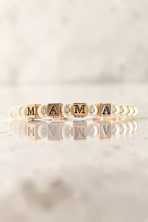 MAMA CUBIC BEAD PEARL LINK STRETCH BRACELET