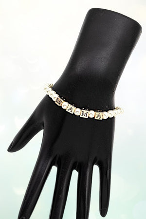 MAMA CUBIC BEAD PEARL LINK STRETCH BRACELET
