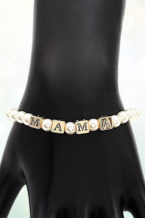 MAMA CUBIC BEAD PEARL LINK STRETCH BRACELET