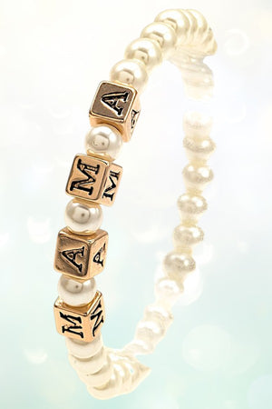 MAMA CUBIC BEAD PEARL LINK STRETCH BRACELET