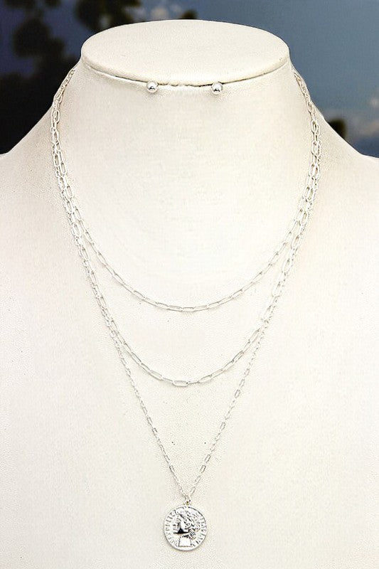 ETCHED COIN PENDANT LAYERED NECKLACE SET