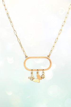 OVAL RING PENDANT WITH BUTTERFLY AND BALL CHARMS DANGLE NECKLACE AND BALL POST EARRING SET