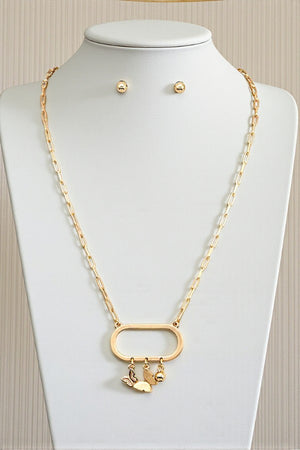 OVAL RING PENDANT WITH BUTTERFLY AND BALL CHARMS DANGLE NECKLACE AND BALL POST EARRING SET