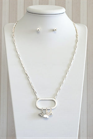 OVAL RING PENDANT WITH BUTTERFLY AND BALL CHARMS DANGLE NECKLACE AND BALL POST EARRING SET