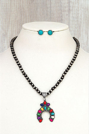SQUASH BLOSSOM GEM PENDANT BALL BEAD NECKLACE AND EARRING SET