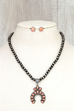 SQUASH BLOSSOM GEM PENDANT BALL BEAD NECKLACE AND EARRING SET