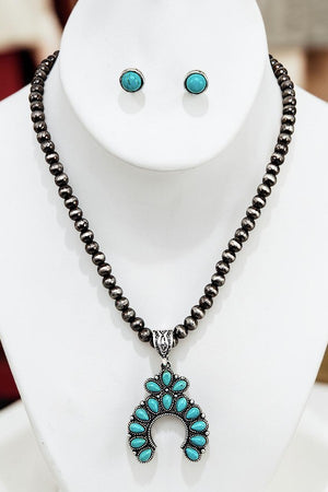 SQUASH BLOSSOM GEM PENDANT BALL BEAD NECKLACE AND EARRING SET