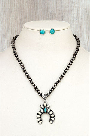 SQUASH BLOSSOM GEM PENDANT BALL BEAD NECKLACE AND EARRING SET