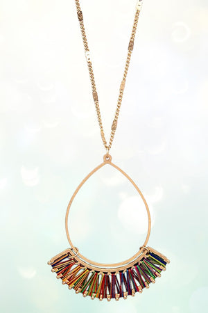 WOVEN FAN OUT TEARDROP PENDANT LONG NECKLACE