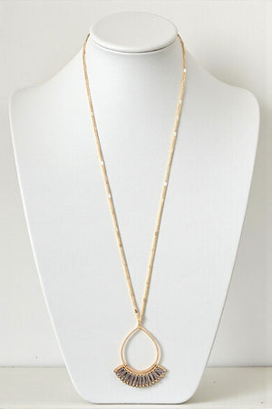 WOVEN FAN OUT TEARDROP PENDANT LONG NECKLACE