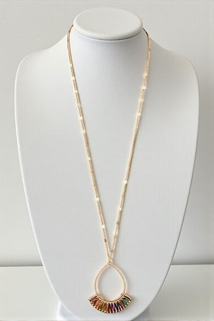 WOVEN FAN OUT TEARDROP PENDANT LONG NECKLACE
