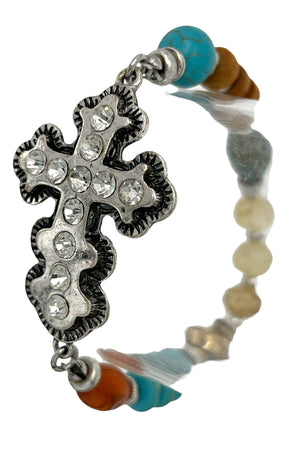 Gemstone Pave Cross Detail Bead Bracelet