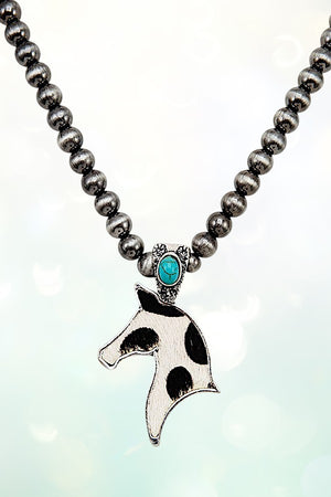 NAVAJO PEARL BEADED HORSE HEAD PENDANT NECKLACE EARRING SET