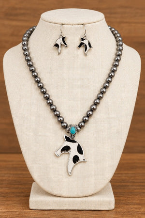 NAVAJO PEARL BEADED HORSE HEAD PENDANT NECKLACE EARRING SET