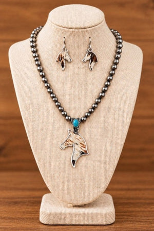 NAVAJO PEARL BEADED HORSE HEAD PENDANT NECKLACE EARRING SET