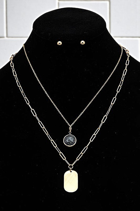 ROUND STONE PENDANT LAYERED NECKLACE SET
