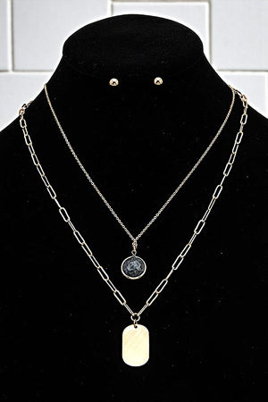 ROUND STONE PENDANT LAYERED NECKLACE SET