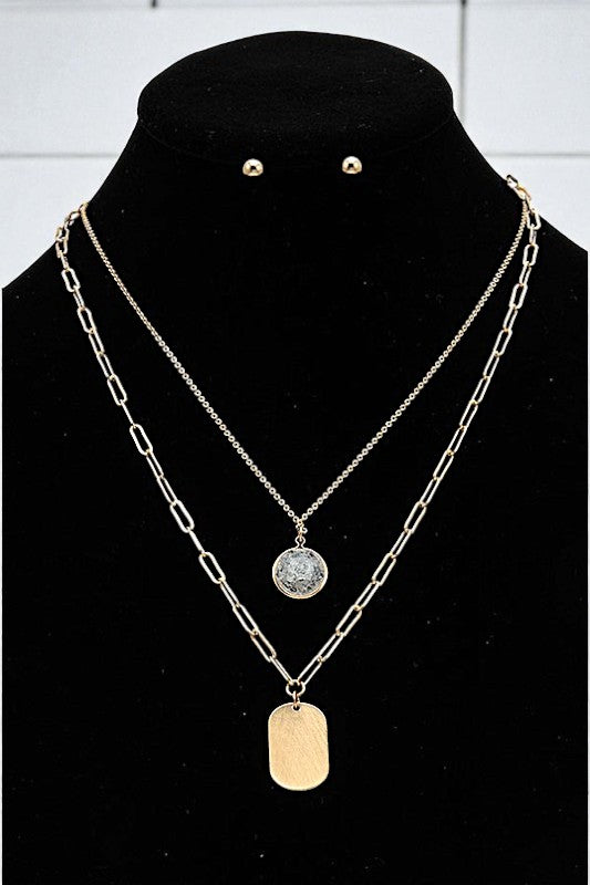 ROUND STONE PENDANT LAYERED NECKLACE SET