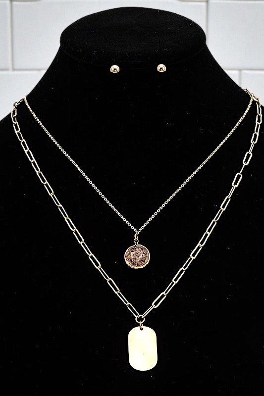 ROUND STONE PENDANT LAYERED NECKLACE SET