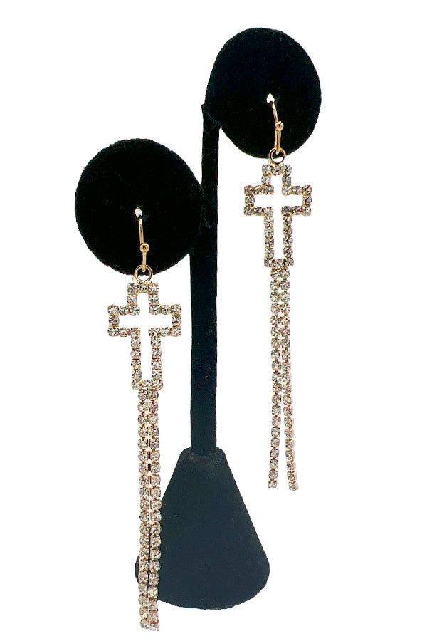 Rhinestone Fringe Cross Dangle Earring