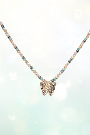 RHINESTONE PAVE BUTTERFLY PENDANT FACETED BEAD NECKLACE SET