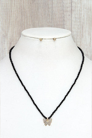 RHINESTONE PAVE BUTTERFLY PENDANT FACETED BEAD NECKLACE SET