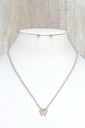 RHINESTONE PAVE BUTTERFLY PENDANT FACETED BEAD NECKLACE SET