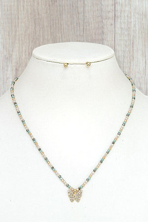 RHINESTONE PAVE BUTTERFLY PENDANT FACETED BEAD NECKLACE SET