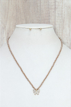 RHINESTONE PAVE BUTTERFLY PENDANT FACETED BEAD NECKLACE SET