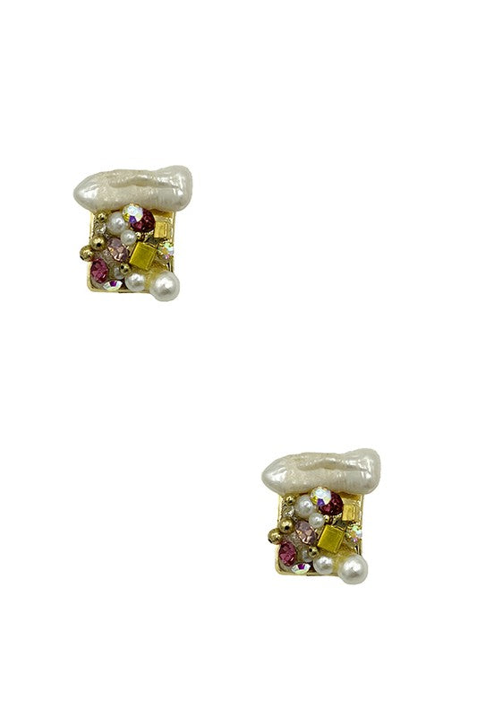 Faceted Gem Pearl Accent Post Earring