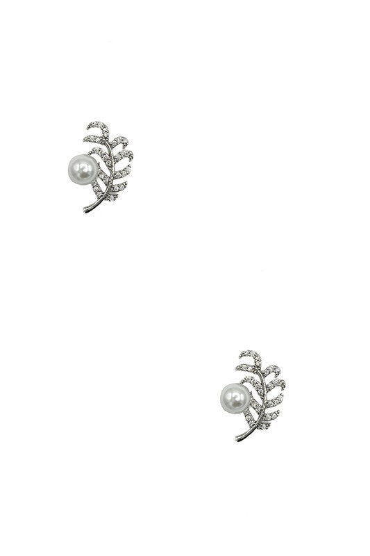 Cubic Zirconia Leaf Pearl Post Earring