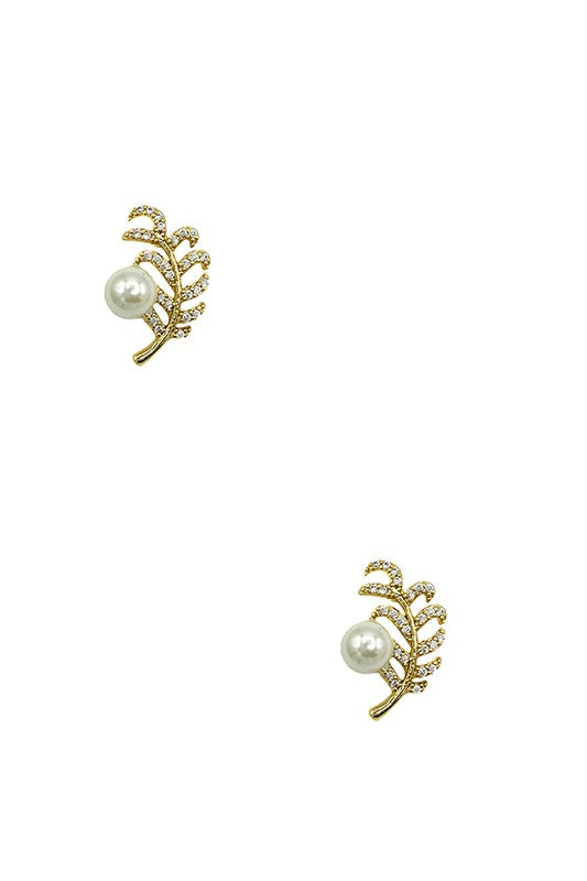 Cubic Zirconia Leaf Pearl Post Earring
