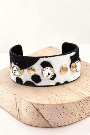 ROUND FACETED GEM ACCENT ANIMAL PRINT CUFF BRACELET