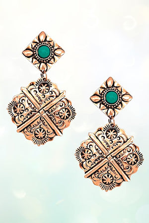 FLORAL ETCHED TQ GEM ACCENT DANGLE EARRING