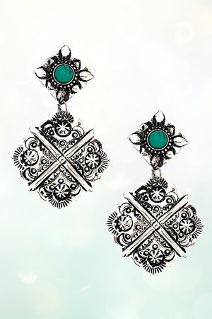 FLORAL ETCHED TQ GEM ACCENT DANGLE EARRING