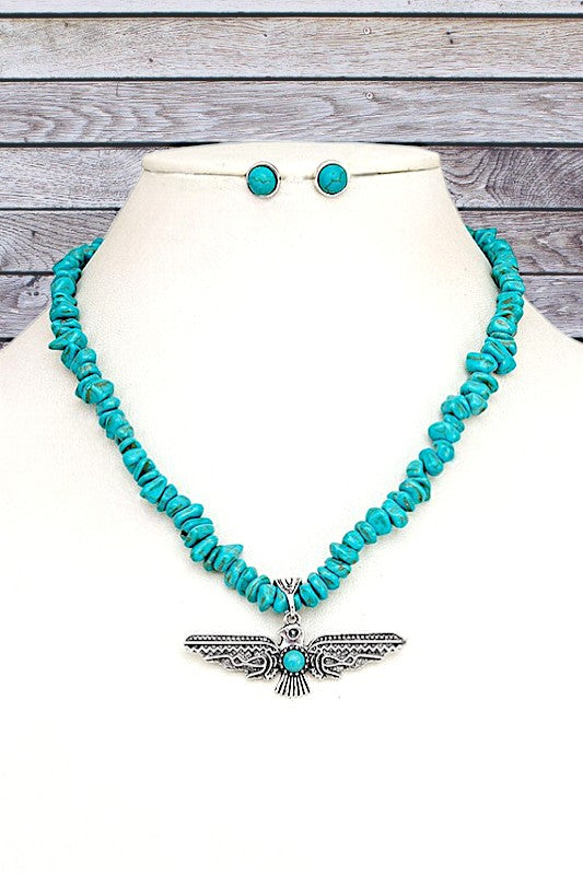 CHIPPED GEM TRIBAL BIRD PENDANT NECKLACE SET