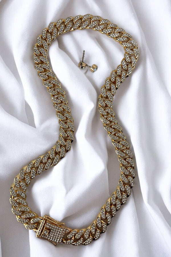 Rhinestone Pave Chain Buckle Detail Necklace Set
