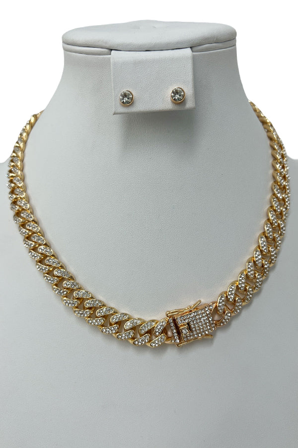 Rhinestone Pave Chain Buckle Detail Necklace Set