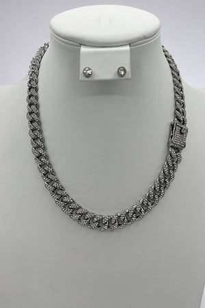 Rhinestone Pave Chain Buckle Detail Necklace Set