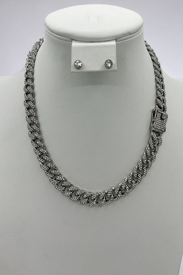 Rhinestone Pave Chain Buckle Detail Necklace Set