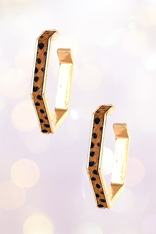 HEXAGON ANIMAL PRINT DROP HOOP EARRING