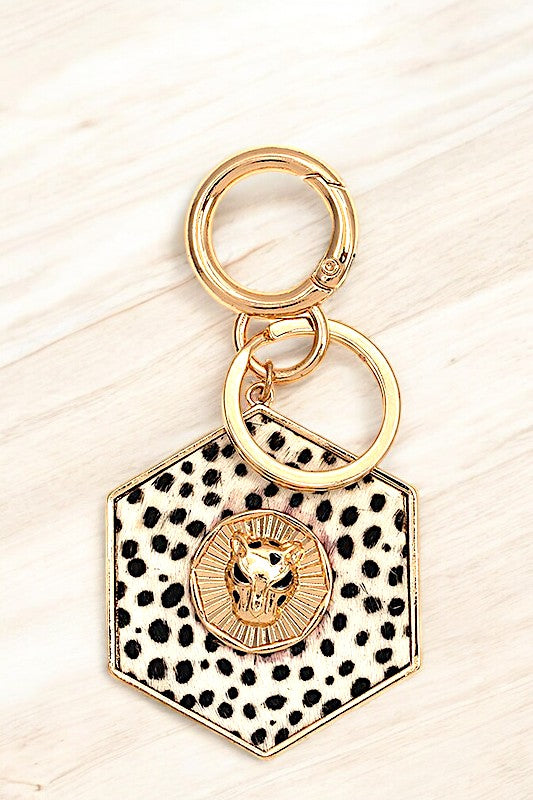 CHEETAH ACCENT HEXAGON CHEETAH PRINT KEYCHAIN