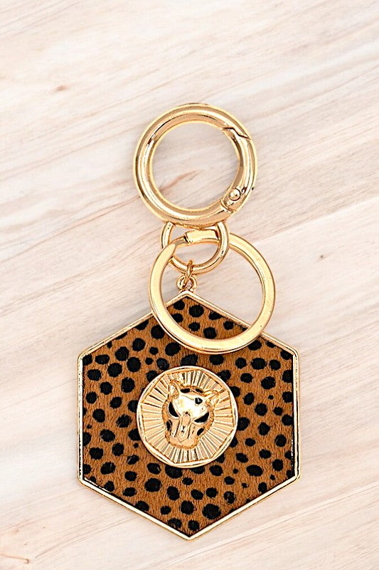 CHEETAH ACCENT HEXAGON CHEETAH PRINT KEYCHAIN