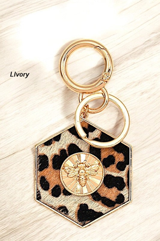 BEE ACCENT HEXAGON ANIMAL PRINT KEYCHAIN