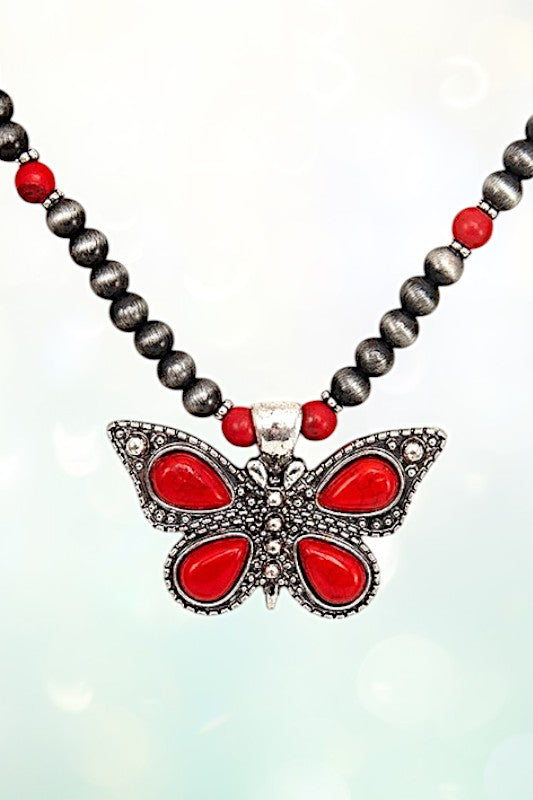 BUTTERFLY GEM PENDANT BALL BEAD NECKLACE